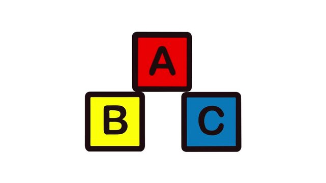 A playful vector animation showing colorful ABC alphabet toy blocks stacking up to form a pyramid structure on an isolated white background. Ideal for children's educational videos, preschool learning