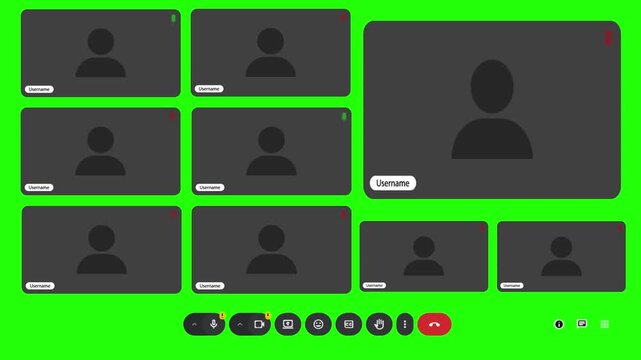 A clean minimalist motion graphic animation depicting a virtual video conference user interface layout popping up on a chroma key green screen background. Features a bottom navigation control bar and 