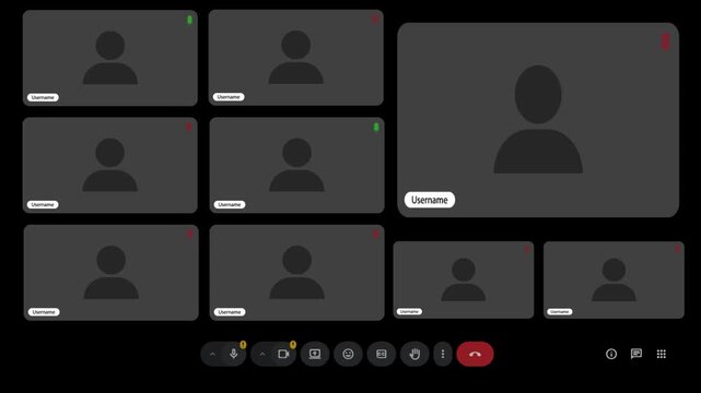 A minimalist motion graphic animation depicting user profile grids popping up to form a virtual meeting user interface screen layout, complete with a bottom navigation control bar on a black backgroun