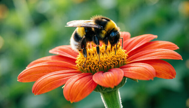 A close-up shot of a fuzzy bumblebee collecting nectar from a vibrant orange flower in a sunny garden