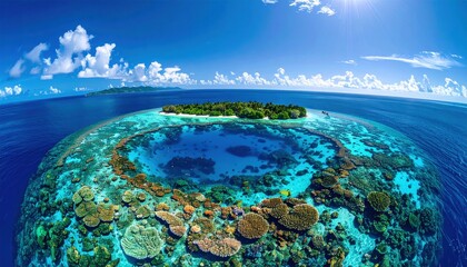 Fototapeta premium Stunning tropical island paradise surrounded by vibrant coral reefs and crystal clear turquoise ocean waters under a bright blue sky
