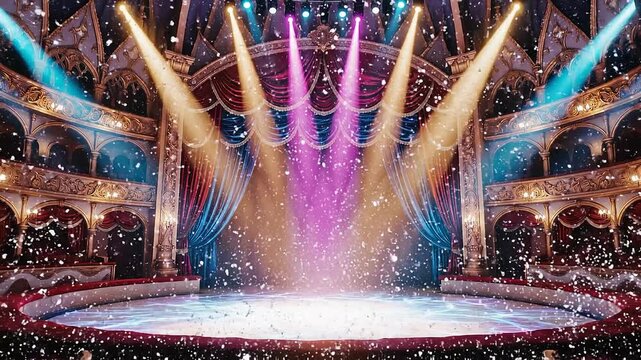 Warm fireplace in high definition concept. Empty ornate theater stage with colorful spotlights and falling confetti for live shows and performances
