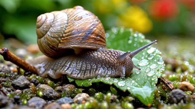 Closeup of a garden snail slowly crawling on a wet green leaf in the garden.