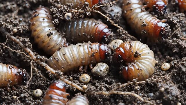 Closeup of grub worms in dark soil with roots and small pebbles.