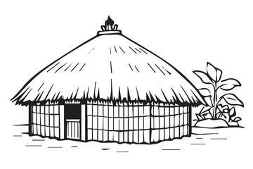 Simple vector art of a traditional village house with a straw dome roof and wooden walls, inspired by historical rural architecture and heritage culture. © primus