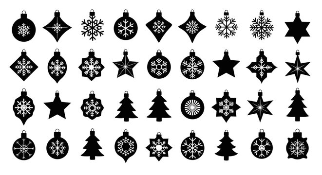 Black and white christmas ornaments and snowflakes for holiday decoration