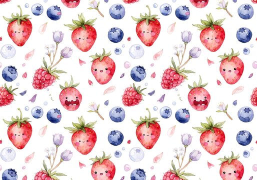 a seamless watercolor pattern features an adorable collection of vibrant strawberries, blueberries, and raspberries decorated with tiny cute smiling faces on a plain white background.