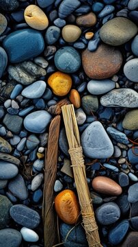 Carefully arranged stones along a calm shoreline.