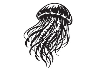 Vector art featuring a black and white jellyfish with flowing tentacles, showcasing marine elegance and stylish aquatic artistic vibes. © primus