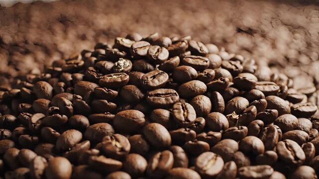 Closeup shot of roasted coffee beans being poured into a pile highlighting texture and aroma.