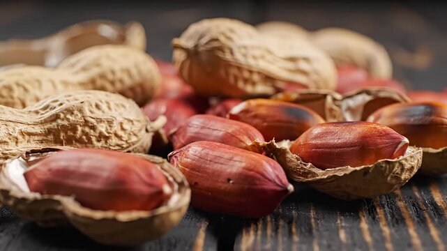Closeup shot of roasted peanuts in shells on a wooden table.