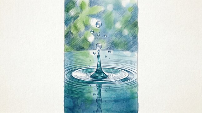 Water droplet falling into calm water with ripples and reflection