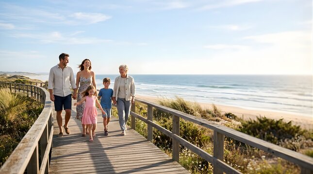 Multi-generation family walking together on a sunny beach wooden boardwalk