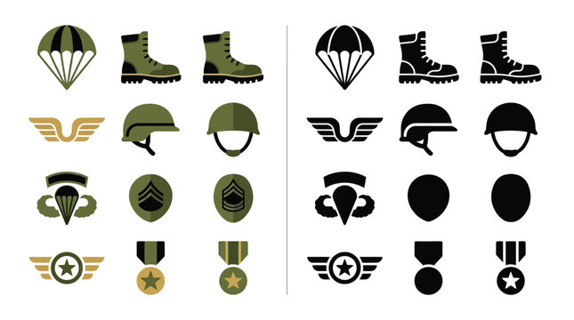 Collection of military icons and symbols in color and silhouette, representing army equipment and awards.