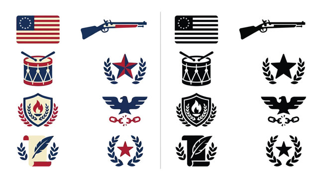 Collection of American Revolutionary War Icons and Symbols in Color and Silhouette.