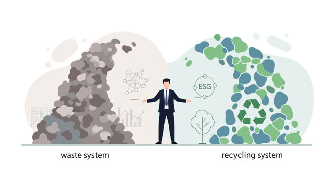 Businessman between waste and recycling systems, ESG concept