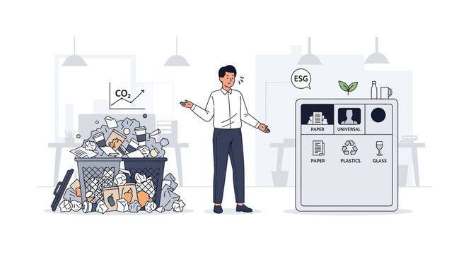 Confused Businessman Facing Overfilled Trash and Recycling Bin, Environmental Concept