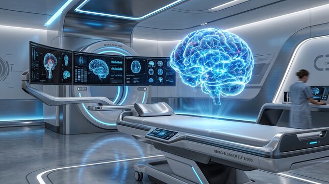 Futuristic medical lab with a glowing blue brain hovering above a sleek, high-tech examination table.
