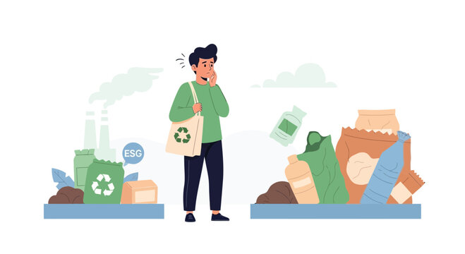 Man choosing between sustainable products and waste, ESG concept