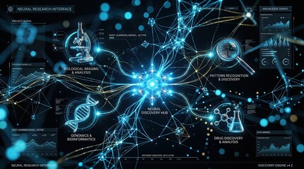 Obraz premium A complex network diagram illustrating Science, Technology, and Industry connections with various symbols and lines on a dark background with blue highlights.