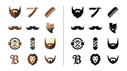 Collection of barber shop icons and symbols in two styles, color and black and white. © Feldway