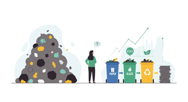 Waste management and sorting for ESG compliance, recycling bins, growth chart