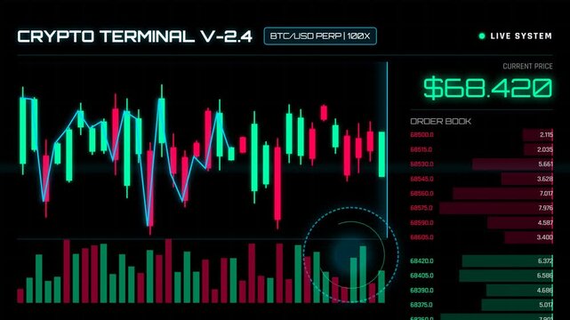 Futuristic cryptocurrency trading terminal with live bitcoin price and order book