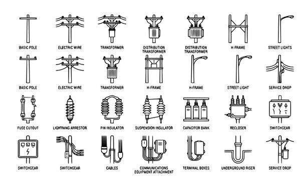 Utility Pole Infrastructure Icon Set in Flat Line Outline Style Vector Illustration Isolated on White Background