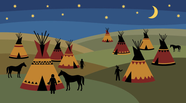 Cheyenne Tipi Camp on Rolling Grassland at Twilight