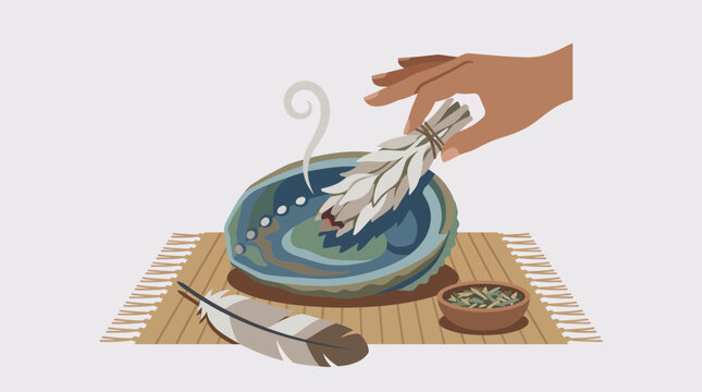 Smudging Ceremony with White Sage Burning in Abalone Shell