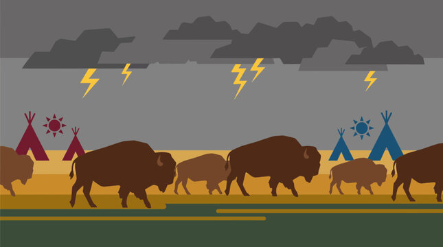 Buffalo Herd Roaming Sacred Plains Under Storm Clouds