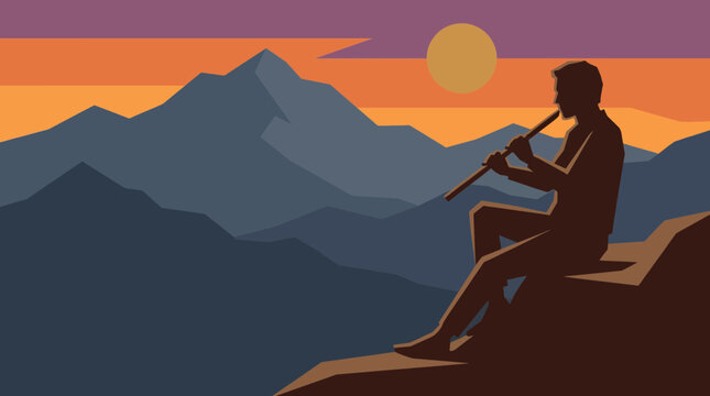 Native American Flute Player Silhouette Against Mountain