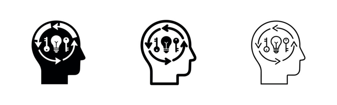 Mind and idea icons: head silhouette with bulb and keys
