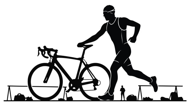 Triathlete athlete running with bicycle in transition zone during ironman competition event silhouette