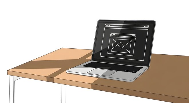 Sleek laptop computer with abstract wireframe UI showing email and web browser on a light wooden desk, symbolizing modern connectivity and digital workflow.