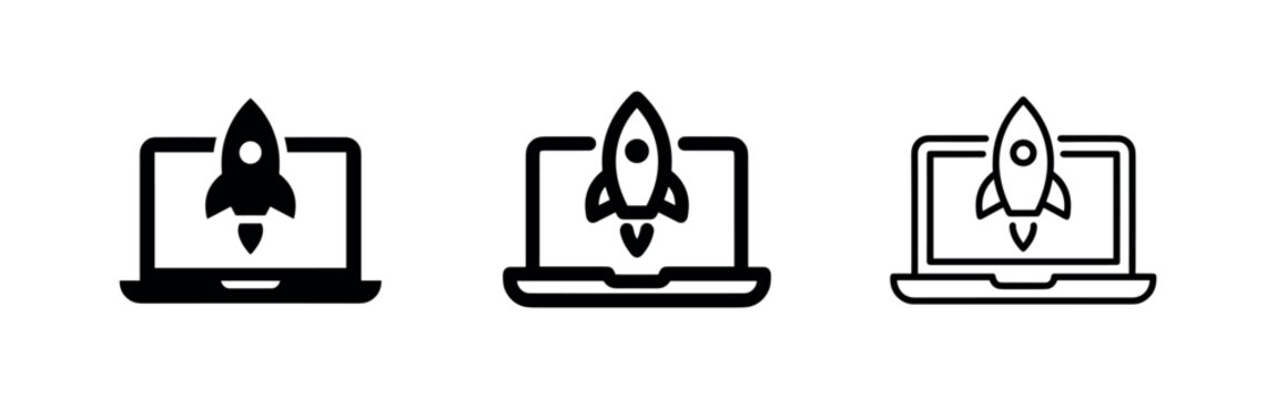 Startup launch icon set - solid, outlined, and thin outlined laptop with rocket symbols for business innovation.