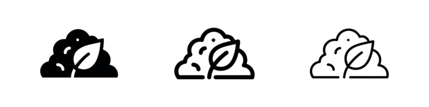 Compost and organic waste icon set - solid, outlined, and thin outlined soil with leaf symbols for sustainability.
