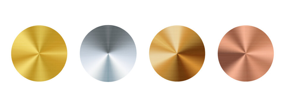 Metal gradient circle textures set. Radial brushed surfaces in gold, silver, bronze, copper tones with shine effect. Circular metallic disks. Premium badge, luxury button, knob design. Vector.