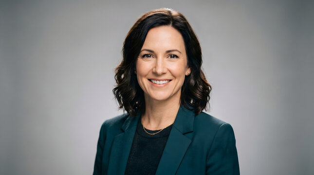 Professional woman in business attire smiling confidently in a studio portrait