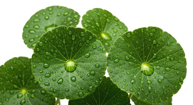 Vibrant green Asiatic pennywort leaves covered in sparkling dewdrops isolated on a clean white background, highlighting freshness and health, sprout, ingredient, leaf
