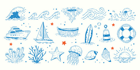 Ocean and waves hand drawn doodle icons set. Vector marine collection with yacht, boat, sailboat, buoy, lifebuoy, coral, jellyfish, starfish, shells, sun and surfboard elements © Irina Khovanskaya