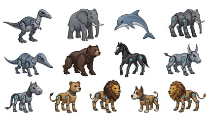 Obraz premium A whimsical collection of robot and realistic animal hybrids, featuring dinosaurs, elephants, and lions