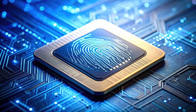 Advanced biometric fingerprint sensor integrated into a glowing digital circuit board for secure identification technology