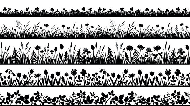 Black grass silhouette borders, meadow floral plant set, botanical garden weed and wildflower vector elements for landscape design