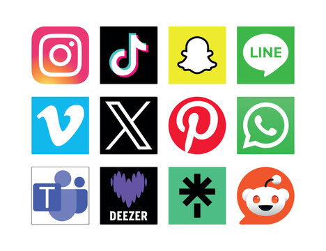 Grid collection of interactive software labels and global network badges featuring Instagram, TikTok, Snapchat, Line, Vimeo, X, Pinterest, WhatsApp, Microsoft Teams, Deezer, Linktree, and Reddit. 