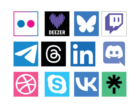 Grid collection of globally recognized multimedia platform labels and interactive network shortcuts featuring Flickr, Deezer, Bluesky, Twitch, Telegram, Threads, LinkedIn, Discord, Dribbble, Skype, VK