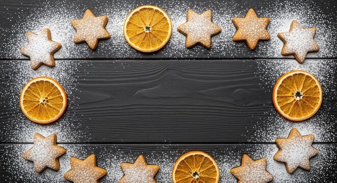 Top view of star gingerbread cookies and dried orange slices on dark rustic wood, dusted with sugar, creating a festive frame with copy space, cozy, natural, festive