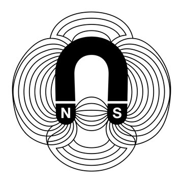 Traditional horseshoe magnet icon with geometric magnetic field lines, black and white illustration
