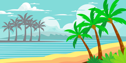 Fototapeta premium silhouette of coconut tree in flat style. illustration of palm tree in flat style. summer background. summer theme scenery 