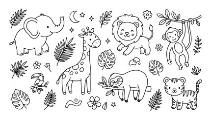 Fototapeta premium Jungle animal coloring page set, cute safari animals line art collection, black and white tropical zoo wildlife illustrations for kids activity